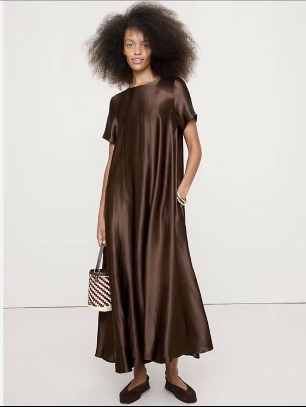 NEW! Banana Republic Espresso Brown Italian Satin Trapeze Maxi Dress small